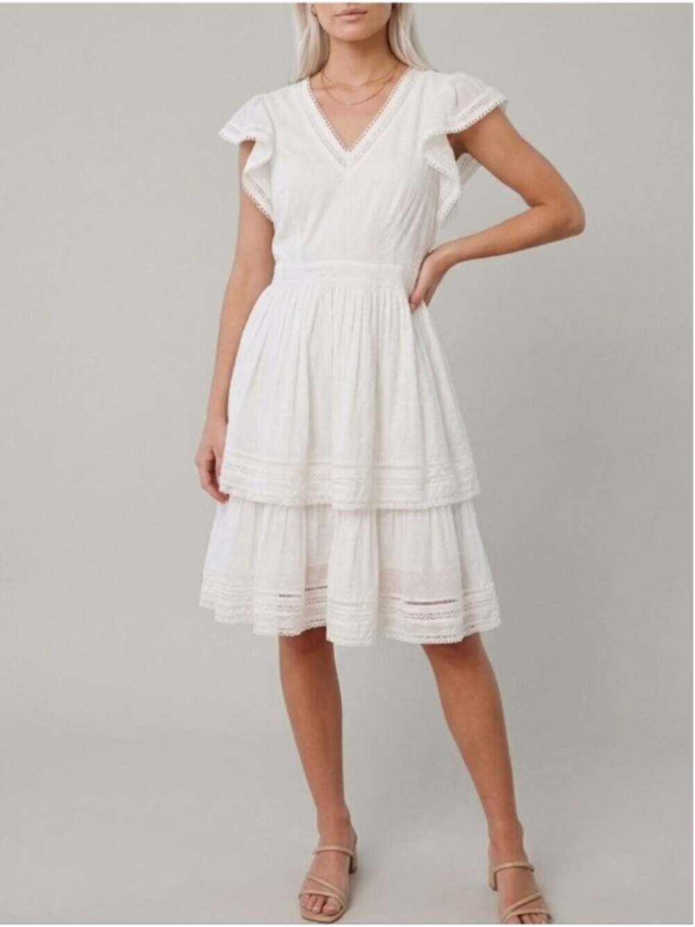 Rachel Parcell White 100% Cotton Eyelet Dress Flutter Sleeve Tiered Size 8